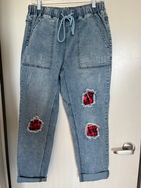 Light Blue Women's Distressed Jogger Jeans with Red Plaid Patch